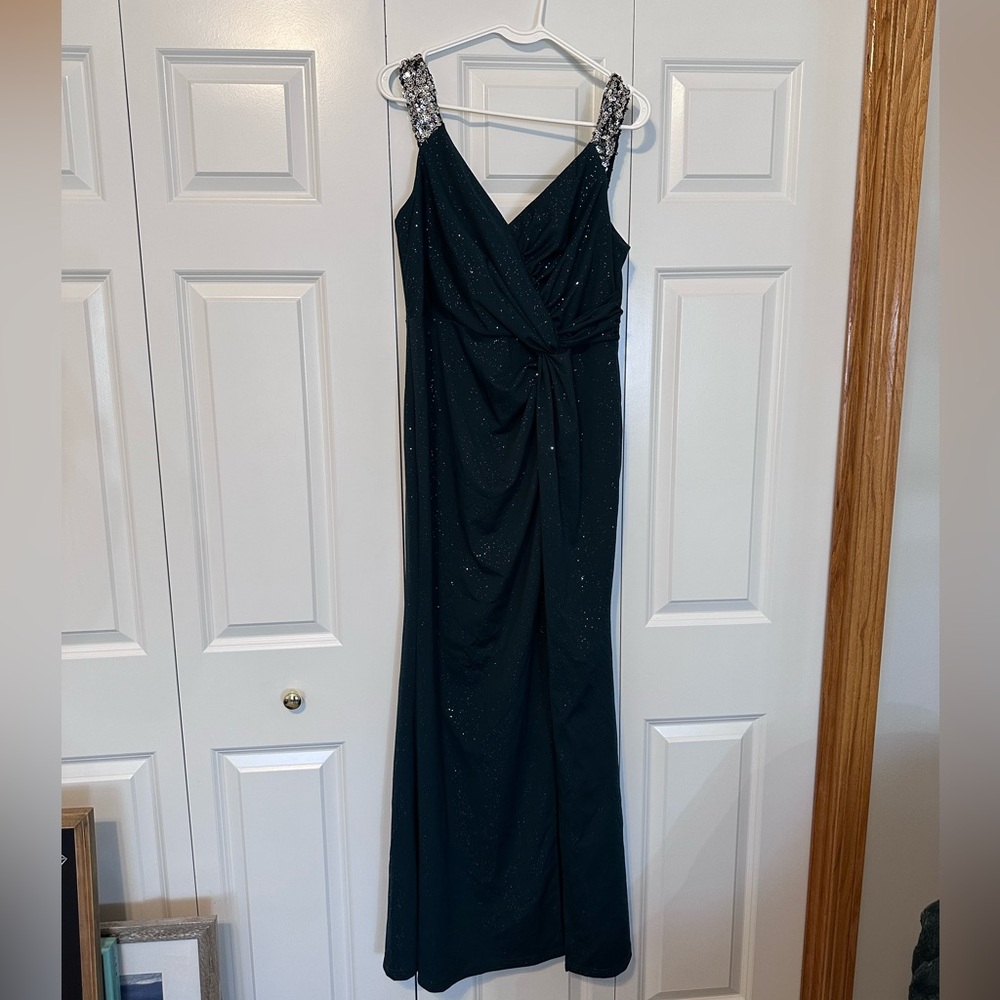 Elegant  Dark Green Evening Dress with Silver Accents
